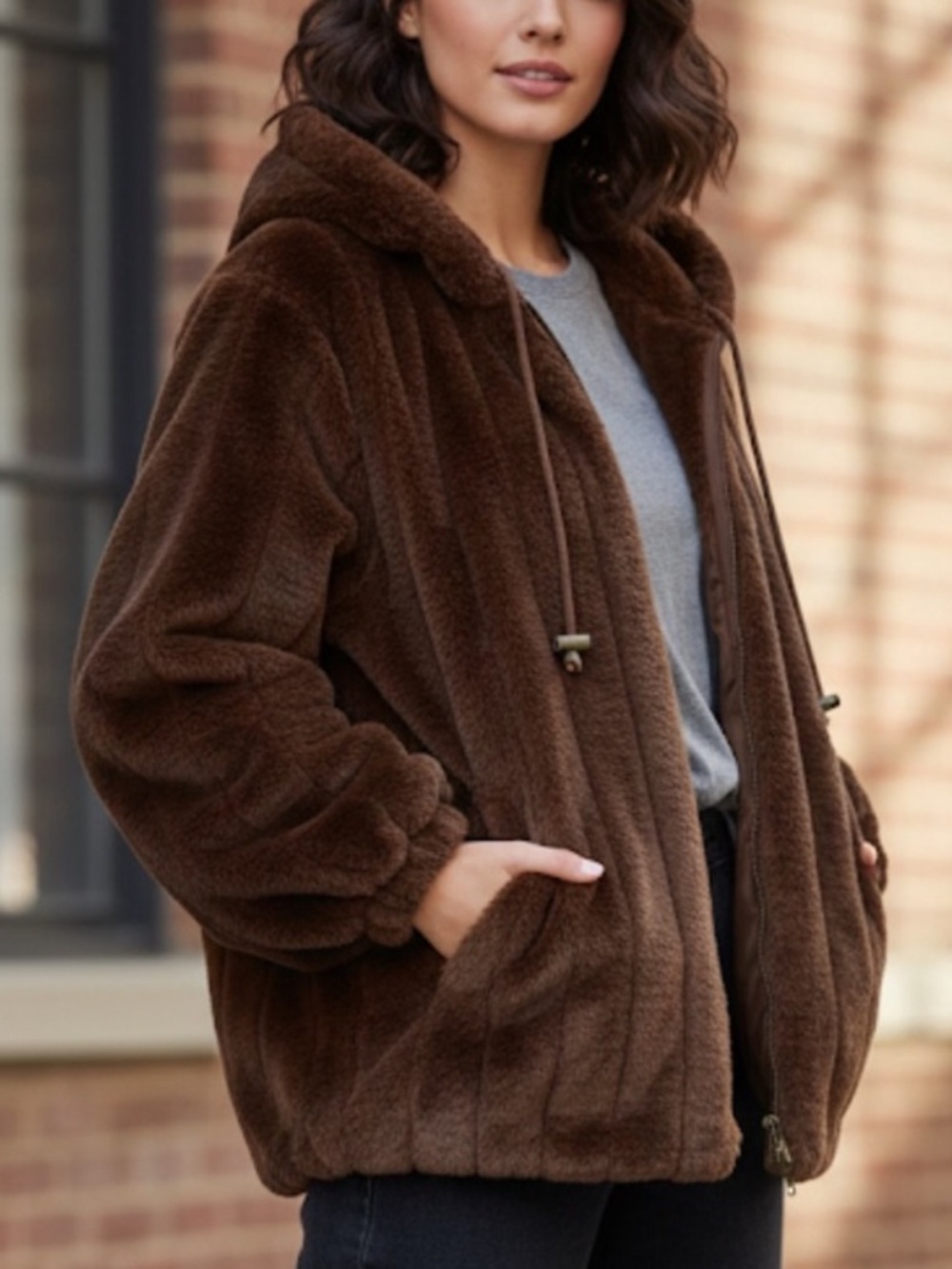 Vintage Faux Fur Cozy Brown Hooded Coat with pockets